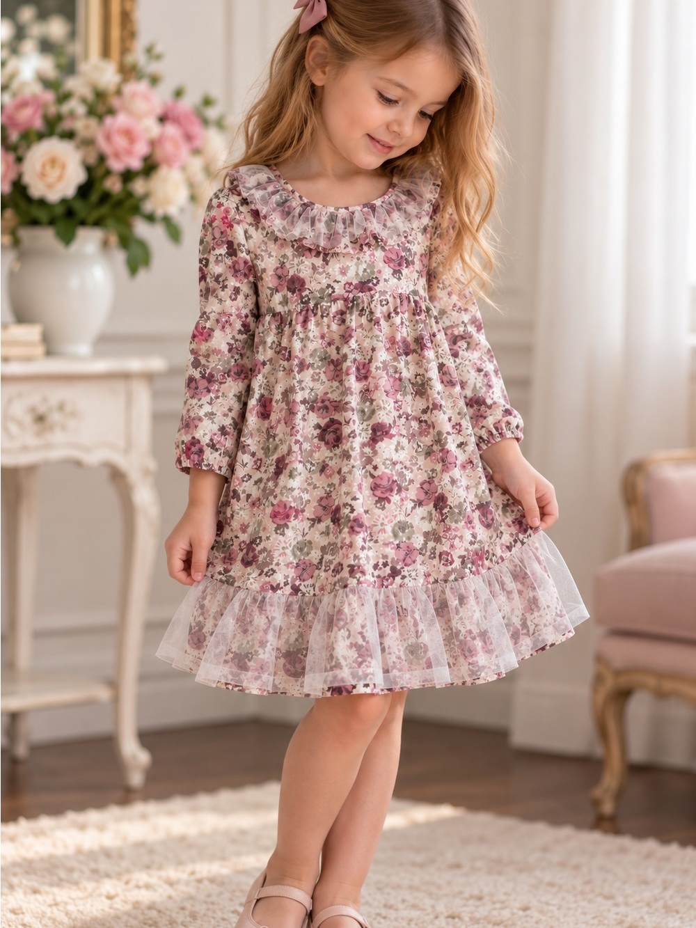Girls' Floral Ruffle Hem Dress - Pink Cream 2-3T